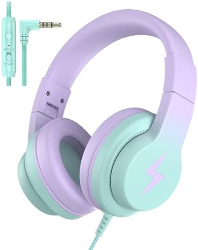 Kids Headphones, Wired Headphones for Kids Over Ear with Microphone, 85/94dB Volume Limiter Headphone for Girls Boys, Foldable Headphone for Learning & Entertainment,Gradient Purple