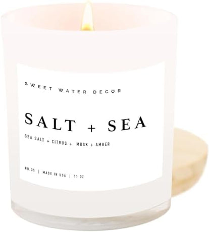 Sweet Water Decor Salt and Sea Candle - Sea Salt, Citrus, Amber, Musk, Beach Scented Soy Candles for Home - 11oz White Glass Jar + Wood Lid, 50+ Hour Burn Time, Made in the USA