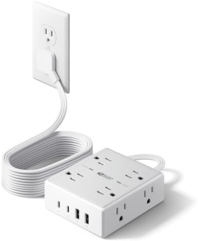 10Ft Extension Cord with Multiple Outlets, Flat Plug Surge Protector Power Strip 10 Ft Long Cord, 8 Outlets & 4 USB Ports (2 USB C), Desk Charging Station for Home Office, College Dorm Room Essentials