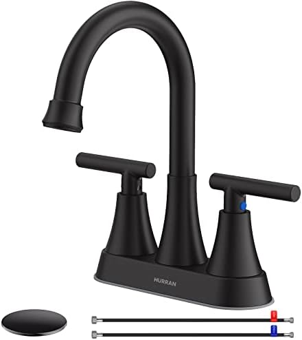 Bathroom Faucets for Sink 3 Hole, Hurran 4 inch Matte Black with Pop-up Drain and 2 Supply Hoses, Stainless Steel Lead-Free 2-Handle Centerset Faucet for Sink Vanity