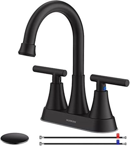 Bathroom Faucets for Sink 3 Hole, Hurran 4 inch Matte Black with Pop-up Drain and 2 Supply Hoses, Stainless Steel Lead-Free 2-Handle Centerset Faucet for Sink Vanity