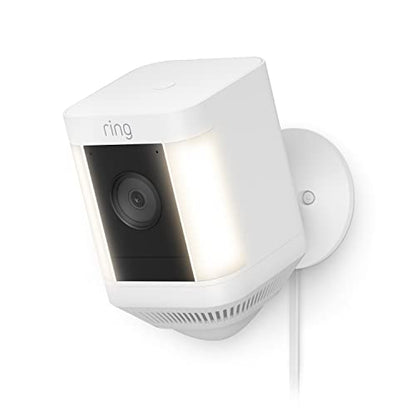 Like-New Ring Spotlight Cam Plus, Plug-In | Home or business security with HD video, Two-Way Talk, Color Night Vision, and Security Siren (2022 release) - White