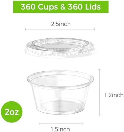 360 Set 2 oz Jello Shot Cups with Lids, Sturdy & Food Safe Disposable Plastic Portion Condiment Dipping Sauce Cups, Small Containers for Salad Dressing