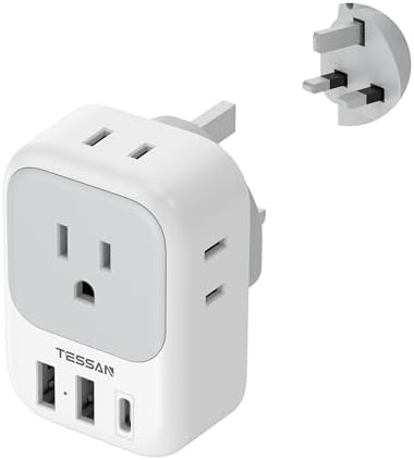 US to UK Plug Adapter, TESSAN Type G Travel Converter with 3 USB Charger(1 USB C Port), 4 Outlets Power Adaptor for USA to Qatar Ireland Hong Kong England Scotland Kenya Dubai London British