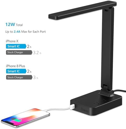 Drevet LED Desk Lamp for College Dorm Room, Desk Light with 1 USB Charging Port 2 AC Power Outlet, 3 Lighting Modes, 3 Level Brightness Touch Lamp, Eye-Caring Home Office Foldable Table Lamp