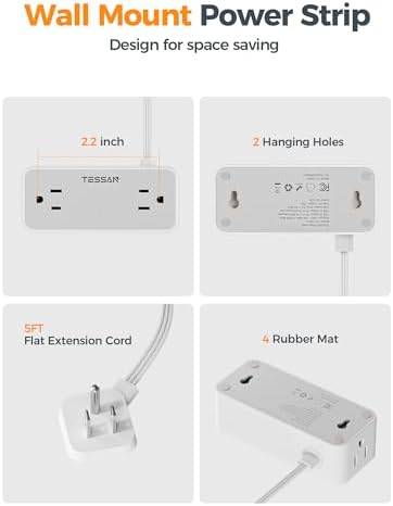 Flat Plug Extension Cord 5 FT, TESSAN Surge Protector Power Strip with 4 AC Outlets 1 USB C and 2 USB A Ports, 900 Joules Protection, Multiple Wall Outlet Extender Suitable for Home Office Dorm