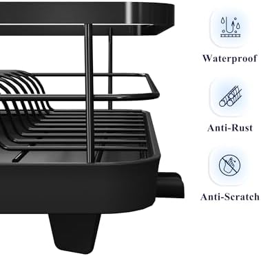 Kitsure Dish Drying Rack for Kitchen Counter, Stainless Steel Sink Organization and Storage Essentials with Cutlery Holder, Home and Appartment Decor, 12''W x 15.5''L, Black