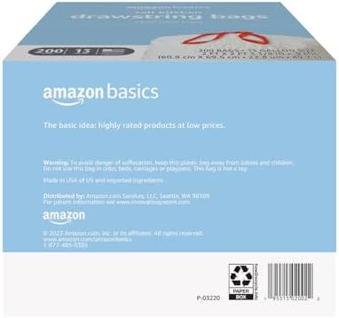 Amazon Basics Scented Trash Bags, Tall Kitchen Drawstring, Clean Fresh Scent, 13 Gallon, 200 Count, Pack of 1