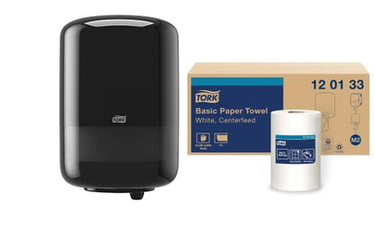 Tork Industrial Centrefeed Dispenser Black - M2 + Refill - Paper Wiper White, 6 x 1000 Sheets