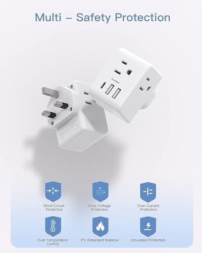 2 Pack US to UK Ireland Travel Plug Adapter, Type G Power Plug Adapter with 3 Outlets 3 USB Ports(1USB C), European Travel Plug Adapter for USA to England London Scotland British Qatar Irish Hongkong