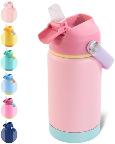 Kerilyn 12oz Insulated Water Bottle, Stainless Steel Insulated Kids Water Bottle, Toddler Cup with Straws Leak-Proof, Kids Water Bottles for School Boys Girls, BPA Free, Charm Pink