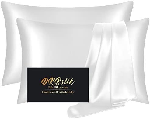 Silk Pillow Cases 2 Pack, Mulberry Silk Pillowcases Standard Set of 2, Health, Smooth, Anti Acne, Beauty Sleep, Both Sides Natural Silk Satin Pillow Cases for Women 2 Pack with Zipper for Gift,White