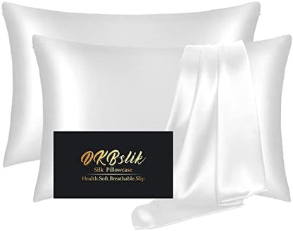 Silk Pillow Cases 2 Pack, Mulberry Silk Pillowcases Standard Set of 2, Health, Smooth, Anti Acne, Beauty Sleep, Both Sides Natural Silk Satin Pillow Cases for Women 2 Pack with Zipper for Gift,White