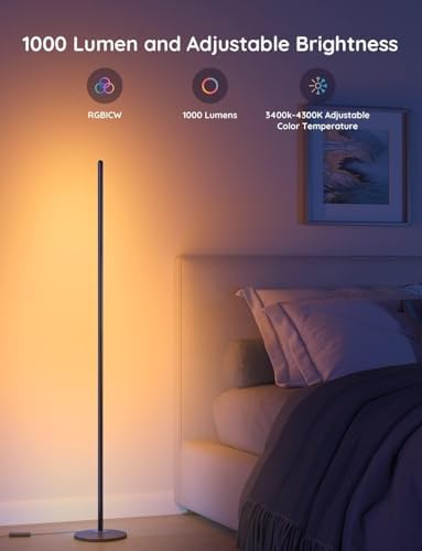 Govee RGBIC Floor Lamp Basic, LED Corner Lamp Works with Alexa, 1000 Lumen Smart Modern Floor Lamp with Music Sync and 16 Million DIY Colors, Color Changing Standing Lamp for Bedroom Living Room Black