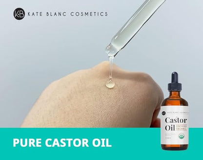 Kate Blanc Cosmetics Castor Oil Organic (4oz), 100% Pure, Cold Pressed, Hexane Free. Natural Oil for Hair, Eyelashes, Eyebrows. Skin Moisturizer with Starter Kit