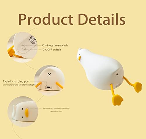HAPPYBAG LED Lying Flat Duck Night Light, 3 Level Dimmable Nursery Nightlight,Cute Lamps Silicone Squishy Light Up Duck,Rechargeable Bedside Touch Lamp for Breastfeeding Toddler Baby Kids Decor