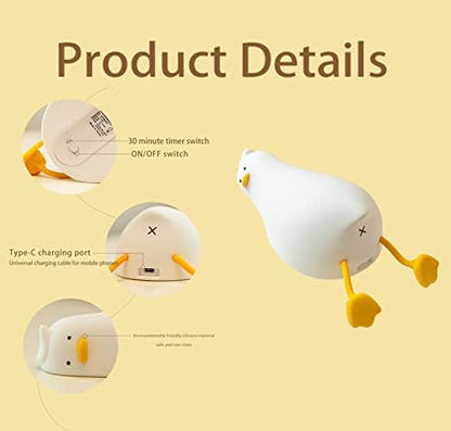 HAPPYBAG LED Lying Flat Duck Night Light, 3 Level Dimmable Nursery Nightlight,Cute Lamps Silicone Squishy Light Up Duck,Rechargeable Bedside Touch Lamp for Breastfeeding Toddler Baby Kids Decor