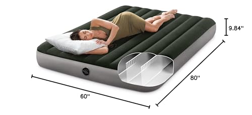 Intex 64779E Dura-Beam Standard Prestige Air Mattress: Fiber-Tech - Queen Size - Hand-Held Battery Pump - 10in Bed Height - 600lb Weight Capacity