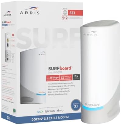 ARRIS (S33) - Cable Modem - Fast DOCSIS 3.1 Multi-Gigabit Cable Modem For Comcast Xfinity, Cox, Spectrum & More 1 & 2.5 Gbps Ports 2.5 Gbps Max Internet Speeds 2 Year Warranty - (No Built-in Wifi)