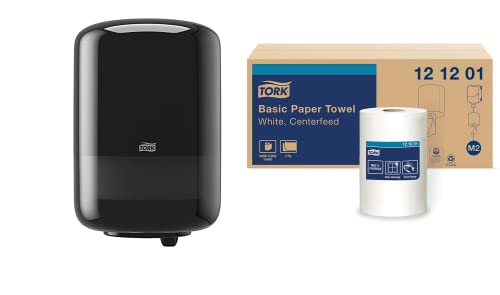 Tork Industrial Centrefeed Dispenser Black - M2 + Refill - Centerfeed Paper Wiper White, 6 x 600 Sheets