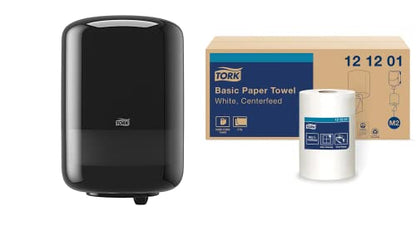 Tork Industrial Centrefeed Dispenser Black - M2 + Refill - Centerfeed Paper Wiper White, 6 x 600 Sheets