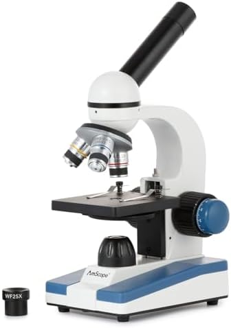 AmScope M150 Series Portable LED Monocular Student Compound Microscope - 40X-1000X Magnification - Microscope Kit Includes Dust Cover, 2 Clips & 2 Eyepieces