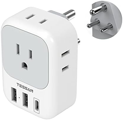 TESSAN US to India Plug Adapter, India Power Adapter with 4 American Outlets 3 USB Charger (1 USB C Port), Type D Travel Adaptor for USA to Bangladesh Maldives Nepal Pakistan