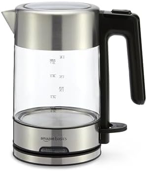 Amazon Basics Electric Kettle with Glass Carafe for Tea and Coffee, BPA-Free, Fast Boiling, Auto Shut-Off, 1.1 Quarts, 1500W, Glass and Steel