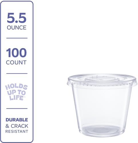 GUSTO [5.5 oz. - 100 Count Clear Disposable Plastic Portion Cups with Lids - Soufflé Cups, Jello Shot Cups With Lids, Plastic Containers Perfect for salad Dressing and More- Formerly Comfy Package