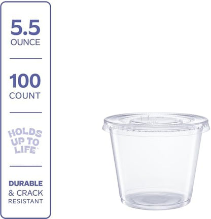GUSTO [5.5 oz. - 100 Count Clear Disposable Plastic Portion Cups with Lids - Soufflé Cups, Jello Shot Cups With Lids, Plastic Containers Perfect for salad Dressing and More- Formerly Comfy Package