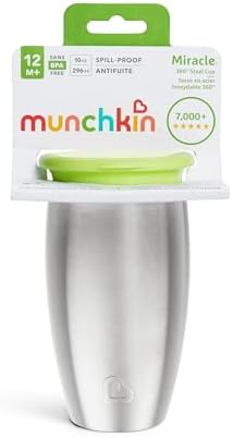 Munchkin Stainless Steel Sippy Cups for Toddlers 1-3, Spill Proof Miracle 360 Cup, Insulated, 10 Ounce, Green