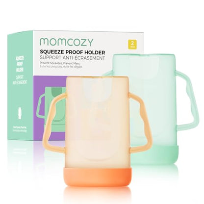 Momcozy Squeeze Pouch Holder for Food Pouches and Drink Boxes, Baby Pouch Holder Allows Baby to Self-feed and Avoid Messes, Baby Food Pouch Holder Handle is Easy to Grip, Comfortable, Green&Orange