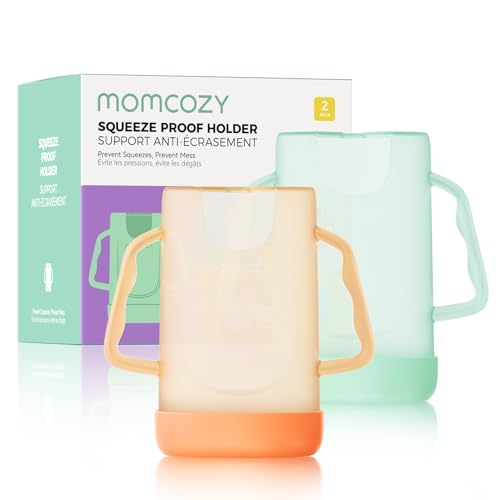 Momcozy Squeeze Pouch Holder for Food Pouches and Drink Boxes, Baby Pouch Holder Allows Baby to Self-feed and Avoid Messes, Baby Food Pouch Holder Handle is Easy to Grip, Comfortable, Green&Orange