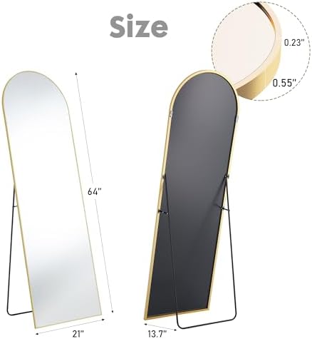 Sweetcrispy 64"x21" Arched Full Length Mirror, Standing or Leaning Full Body Mirror with Aluminum Alloy Thin Frame, Suitable for Bedroom or Cloakroom,Gold