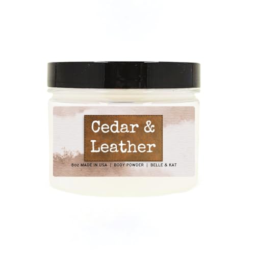 Body Powder for Men & Women Scented Cedar Leather, Perfume Dusting Powder, Bath Powder with Fragrance & Essential Oils, Talc Free 8oz Container, Made in USA