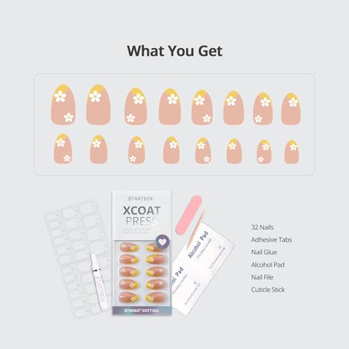 BTArtbox French Tip Press On Nails - Lamp-Curable Short Almond Press On Nails with Glue for Women, Semi-Transparent Soft Gel Glue On Nails in 16 Sizes - 32 Stick On Nails Kit, Daisy