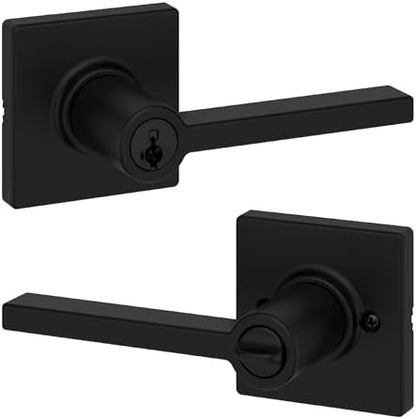 Kwikset Casey Entry Door Handle with Lock and Key, Secure Keyed Reversible Lever Exterior, For Front Entrance and Bedrooms, Matte Black , Pick Resistant Smartkey Rekey Security and Microban