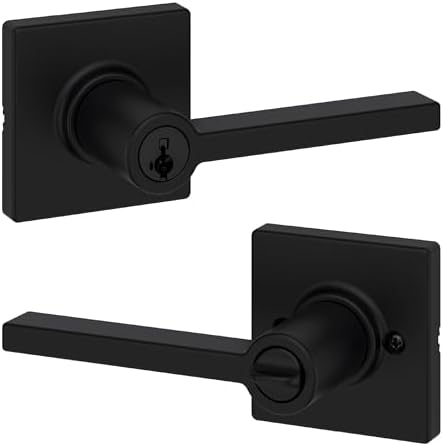 Kwikset Casey Entry Door Handle with Lock and Key, Secure Keyed Reversible Lever Exterior, For Front Entrance and Bedrooms, Matte Black , Pick Resistant Smartkey Rekey Security and Microban