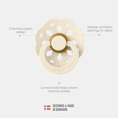 BIBS Pacifiers - Boheme Collection | BPA-Free Baby Pacifier | Made in Denmark | Set of 2 Ivory/Blossom Color Premium Soothers | Size 0-6 Months