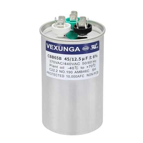 45/12.5 uF 45+12.5 MFD 370VAC or 440VAC Dual Run Start Round A/C Capacitor CBB65 Air Conditioner Capacitors for AC Unit Fan Motor Start or Heat Pump or Condenser Straight Cool