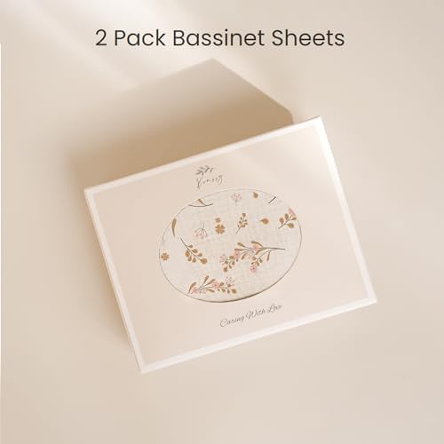 Konssy Muslin Bassinet Sheets for Baby Girl Boy, 2 Pack Soft Breathable Baby Bassinet Mattress Sheets Fit for Hourglass Oval Cradle, Moses Basket Rectangle Mattress (Floral, Pink)