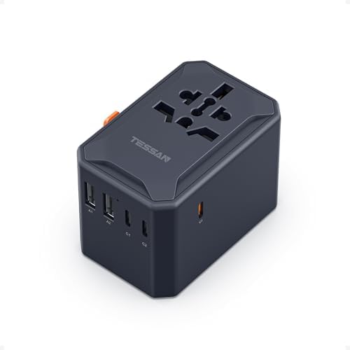 TESSAN Universal Travel Adapter, GaN 65W International Power Adapter with 5 USB Ports (3 USB C), Worldwide Plug Adaptor for US to Europe UK France Germany Spain Australia (Type C G A I), Black