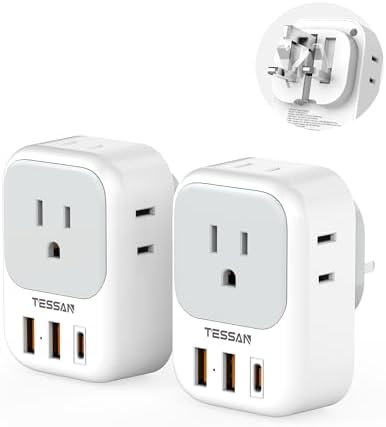UK Adapters for Travel, TESSAN US to UK Ireland Plug Adapter 20W, Foldable Power Adaptor with 4 Outlets 3 USB(PD 20W 1 USB C) Charger, Type G for USA to Scotland London England HongKong Dubai Irish