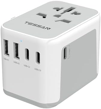 TESSAN Universal Travel Adapter, International Power Adapter 5.6A 28W 3 USB C 2 USB A Ports, Travel Worldwide Plug Adaptor, Outlet Wall Charger for Europe UK EU AUS (Type C/G/A/I)