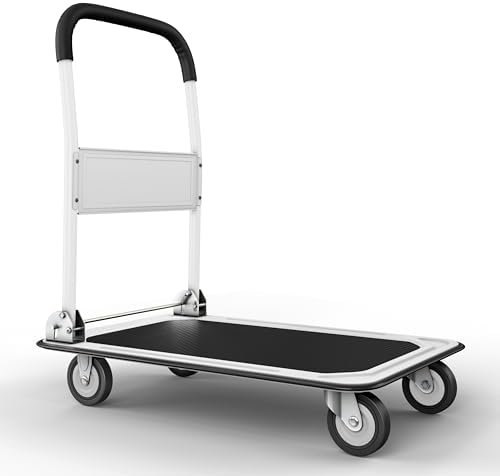 Heavy Duty Foldable Push Cart Dolly | 330 lbs. Capacity | Upgraded Collapsible Hand Truck Platform with Swivel Wheels | Flat Bed Moving Wagon | Space Saving Push Handle (White)