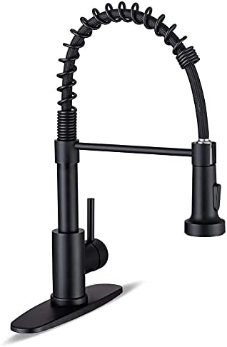 Kitchen Faucets with Pull Down Sprayer Commercial Industrial Stainless Steel Single Handle Single Hole Spring Farmhouse RV Sink Faucet, Matte Black Kitchen Faucet for Laundry Utility Room Sink