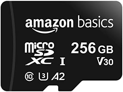 Amazon Basics Micro SDXC Memory Card with Full Size Adapter, A2, U3, Read Speed up to 100 MB/s, 256 GB, Black