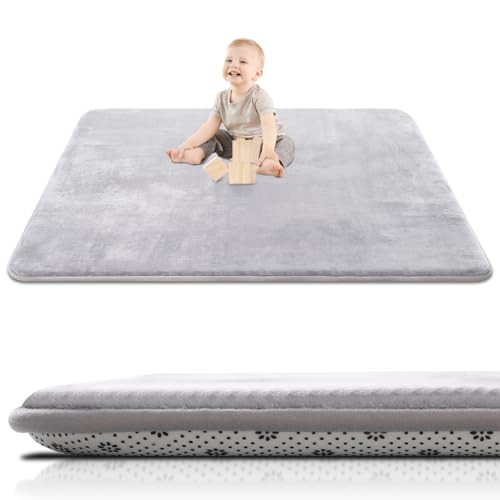 Thick Baby Play Mat for Floor,50 x 50 Playpen Mat,Tummy Time Foam Mat,Ultra Soft Support & Plush Feel,Easy Care with Non-Slip Cushioned for Infant,Kids and Toddler Crawling,Grey