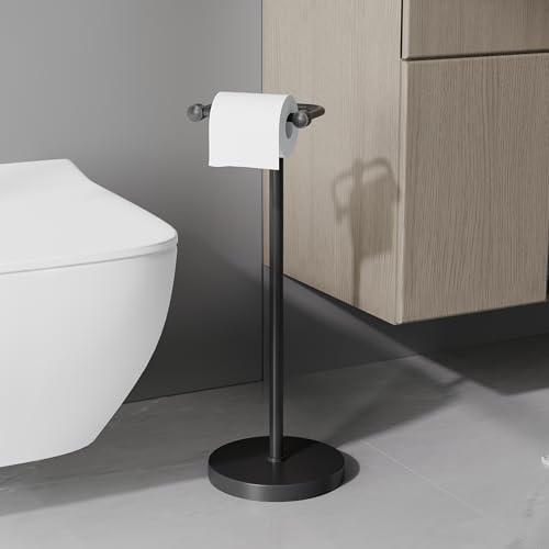 Toilet Paper Holder Stand, Modern Bathroom Free Standing Toilet Paper Roll Holder, Stainless Steel Tissue Rack, Rust-Proof & Heavy Stable Base (Matte Black)