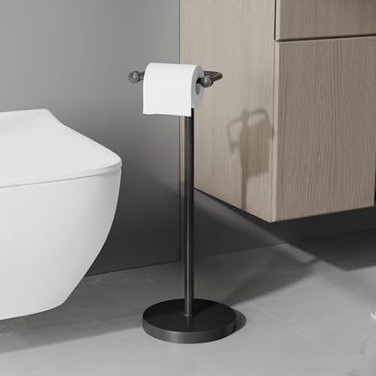 Toilet Paper Holder Stand, Modern Bathroom Free Standing Toilet Paper Roll Holder, Stainless Steel Tissue Rack, Rust-Proof & Heavy Stable Base (Matte Black)
